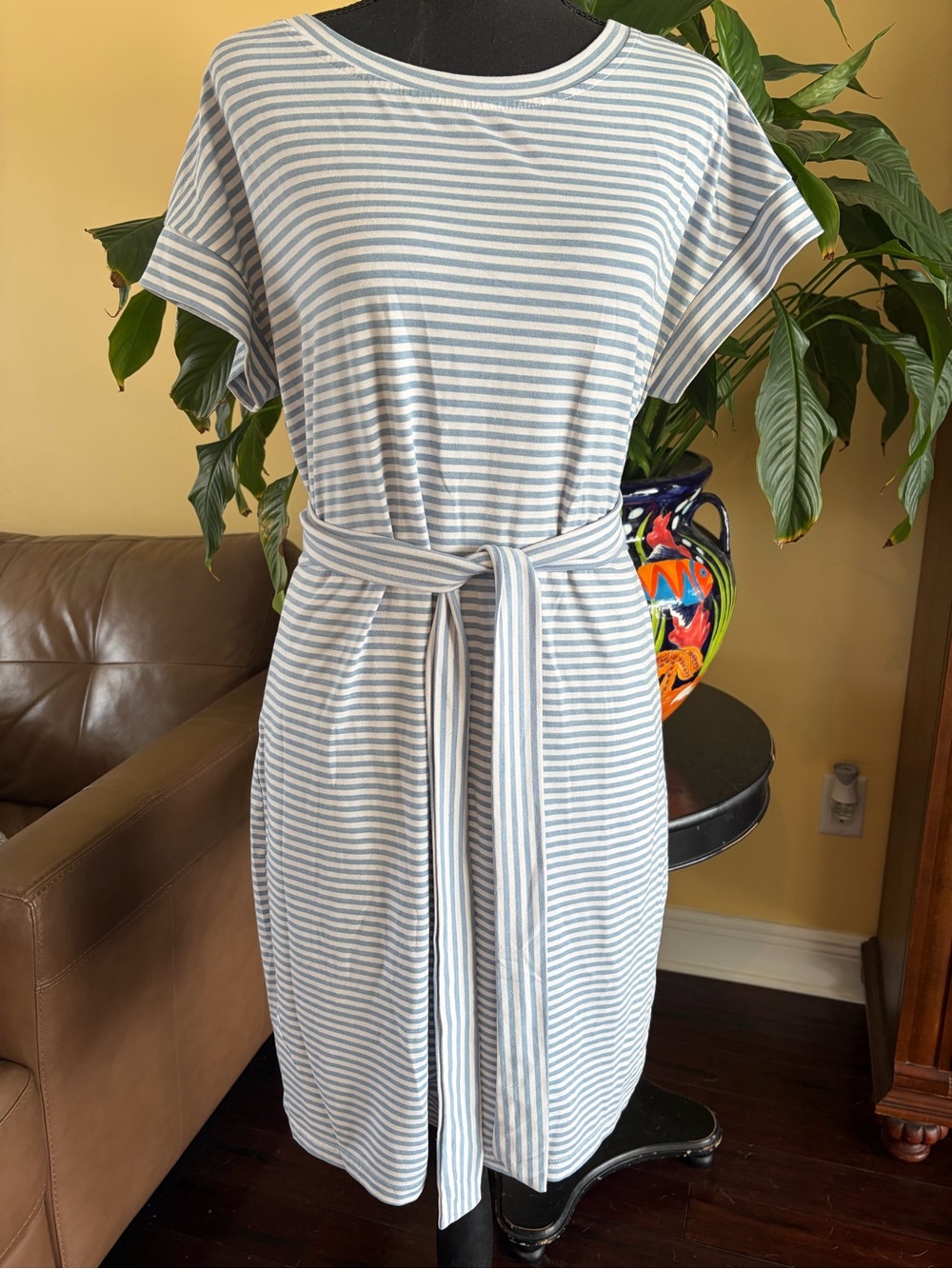 MEROKEETY Striped Short Sleeve Tie-Waist T-Shirt Dress - Large